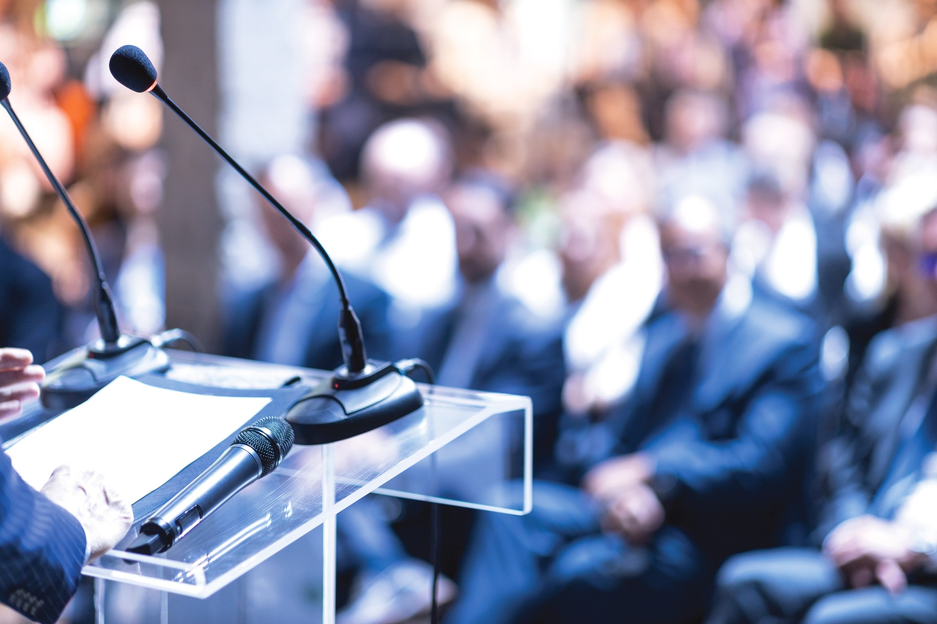 Speaker at business conference, corporate presentation, workshop, coaching training, news conference, company meeting, public or political event. Public speaking concept.